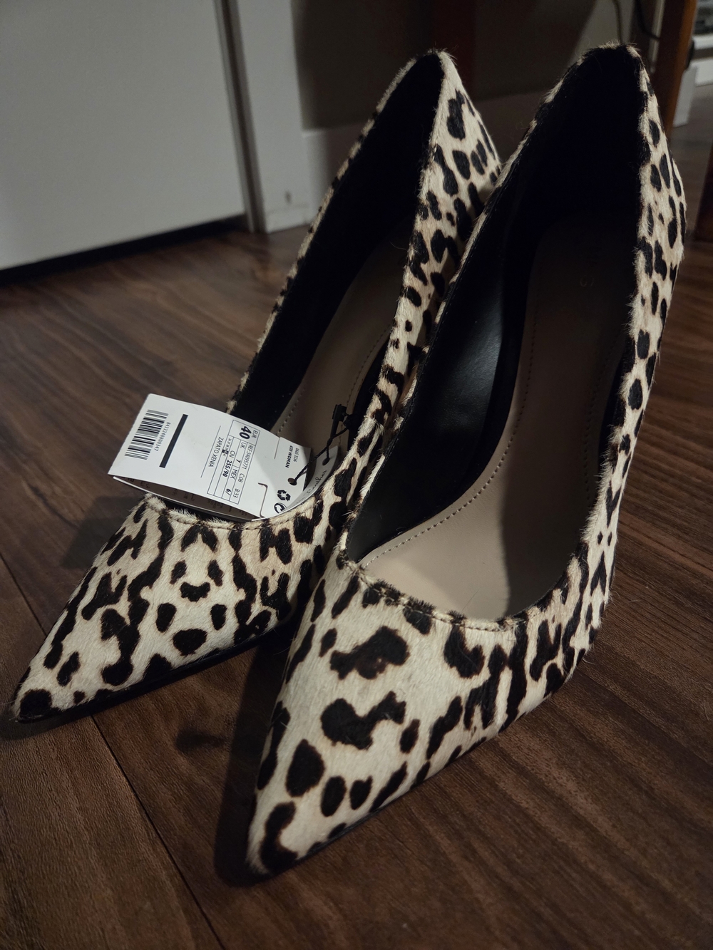 MNG Leopard Print Pointed-Toe Pumps in Black & Cream